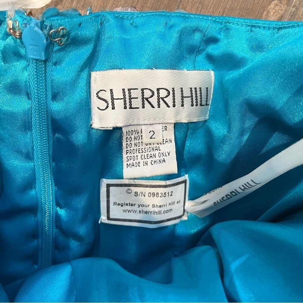 sherri hill 2326 Turquoise size 2 cocktail dress bow Rhinestone Flounce Ruffle - Picture 9 of 15